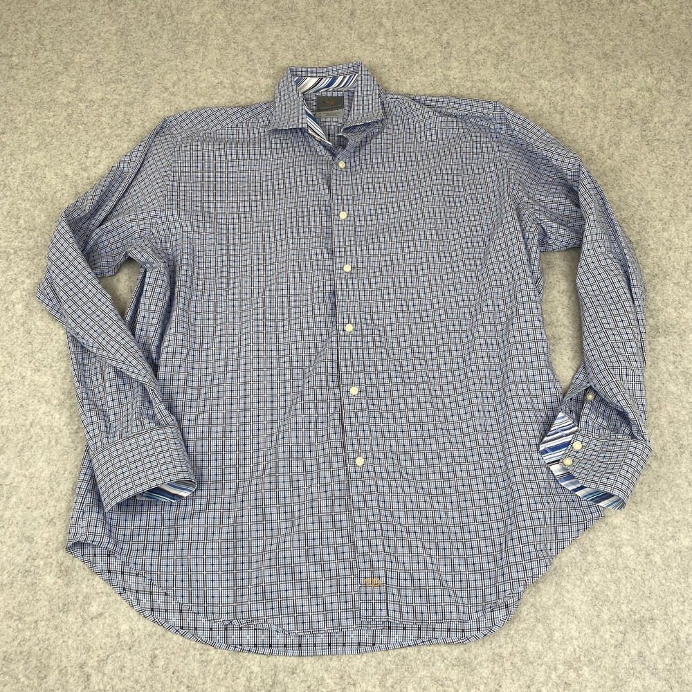 Thomas Dean Shirt Mens XL Blue Check Pima Cotton Button Up Long Sleeve Casual